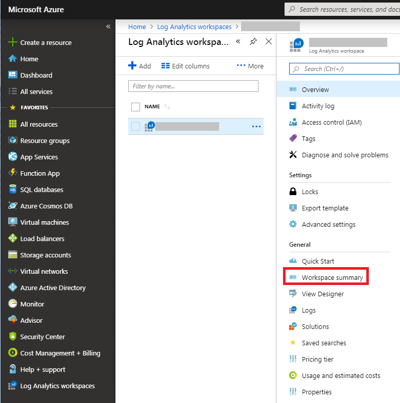 Log Analytics workspace page showing workspace summary