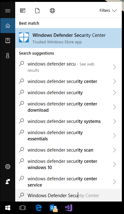 Screenshot of the Start menu showing the results of a search for the Windows Security app, the first option with a large shield symbol is selected.
