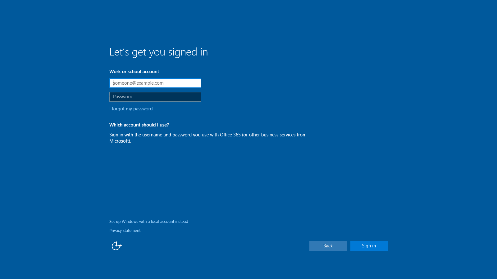 Let's get you signed in - page in Windows 10 setup