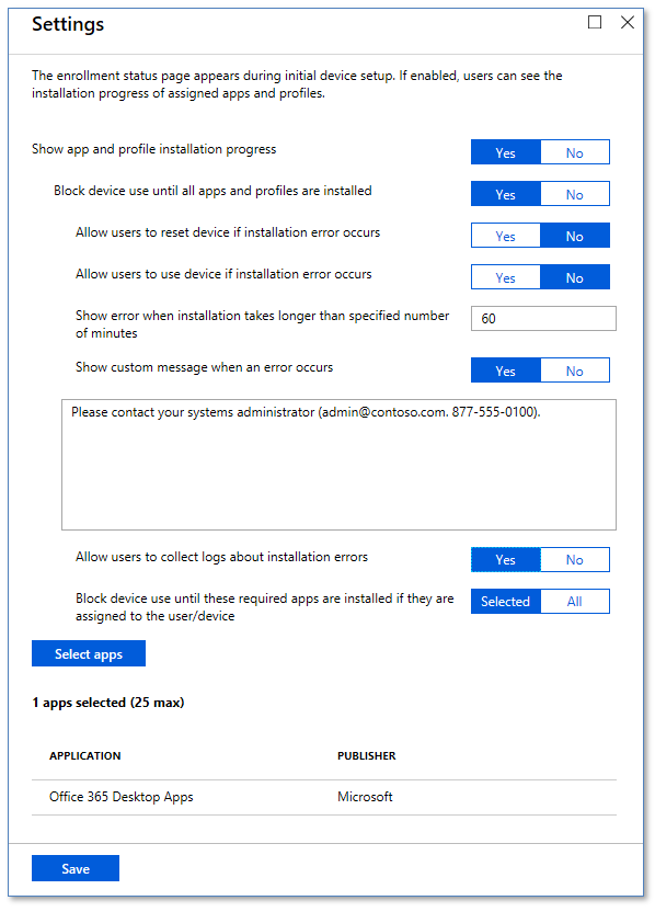 Enrollment status page settings