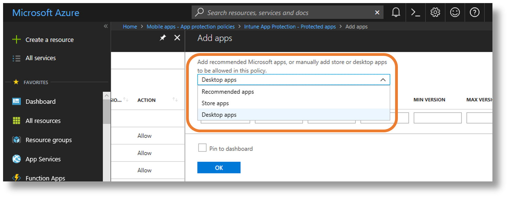 View of drop down menu for Store or desktop apps