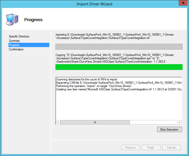 Progress page during drivers import