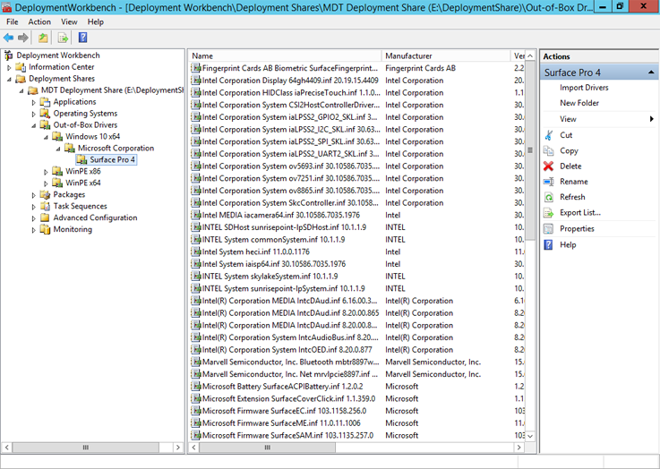 Drivers for Surface Pro 4 imported and organized in the MDT deployment share
