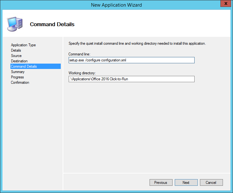 Enter the command and directory for Office 2016 Click-to-Run