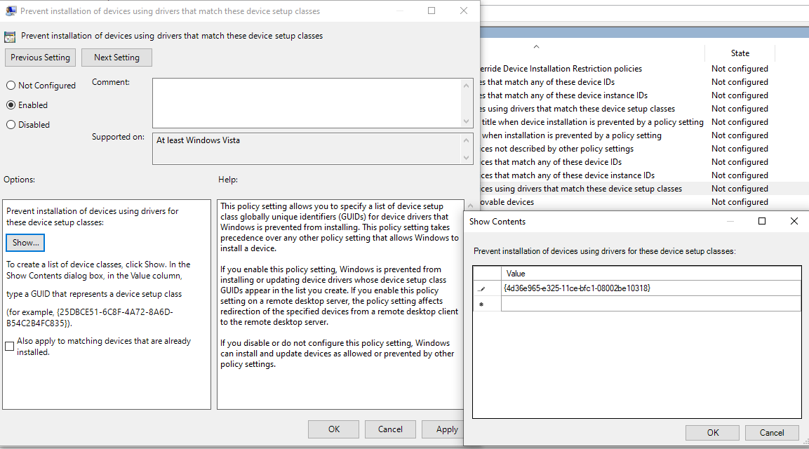 Add device setup class to prevent list