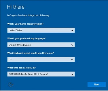 The first screen to set up a new PC