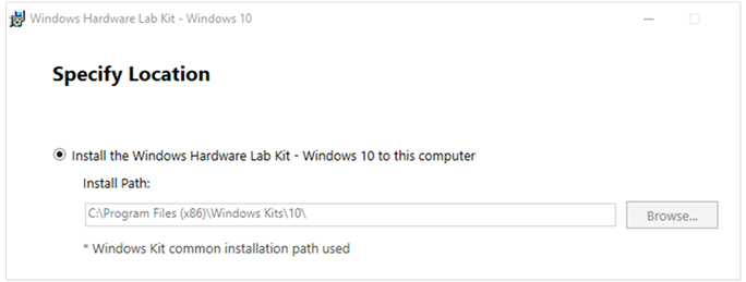 Specify Location page of the Windows Hardware Lab Kit installation wizard