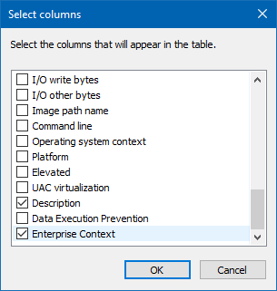 Task Manager, Select column box with Enterprise Context option selected