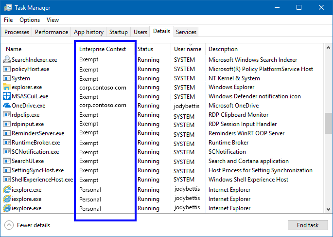 Task Manager, Enterprise Context column highlighted