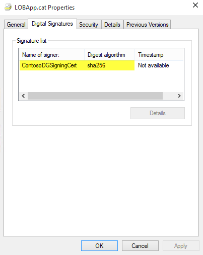 Digital Signature list in file Properties