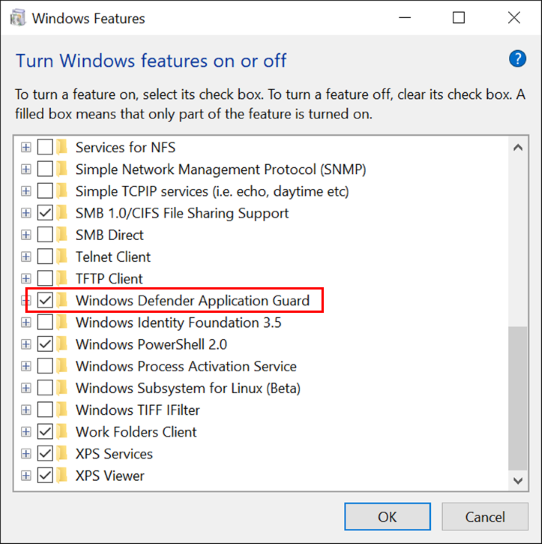 Windows Features, turning on Windows Defender Application Guard
