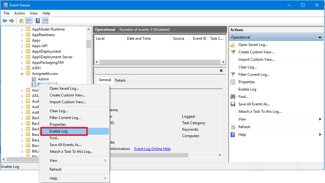 Event Viewer, right-click Operational, select enable log