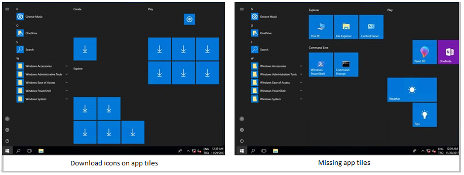 Screenshots that show download icons on app tiles and missing app tiles