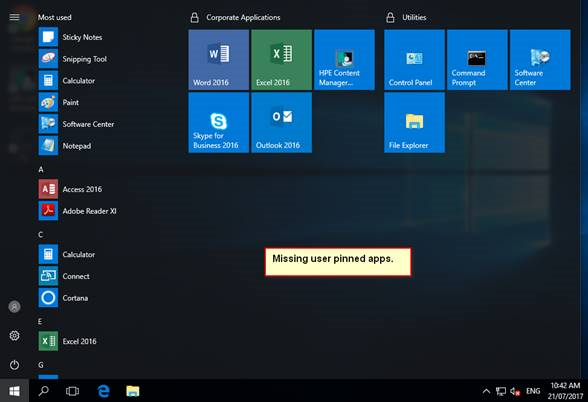 Example of Start screen with previously pinned tiles missing