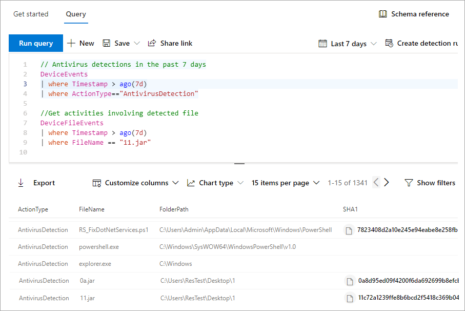 Image of the advanced hunting query editor with multiple queries
