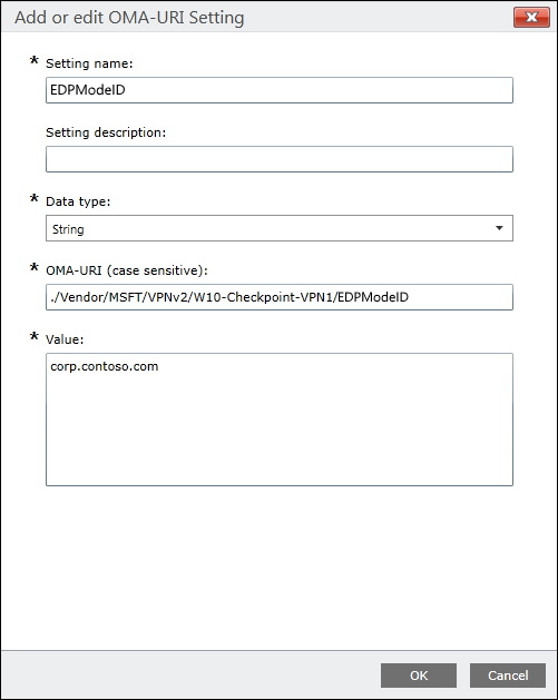 Microsoft Intune: Fill in the OMA-URI Settings for the EMPModeID setting