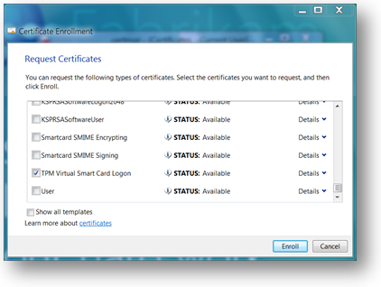 Certificate enrollment, select certificate