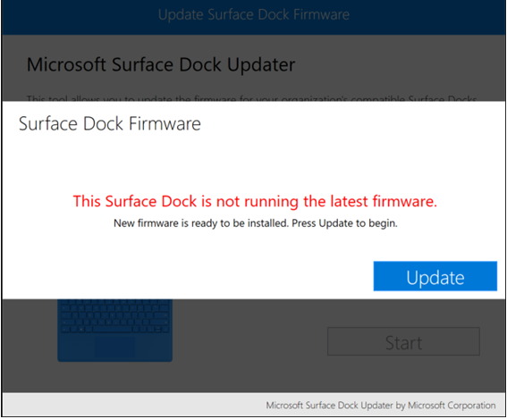 Screen that shows your Surface Dock firmware needs to be updated