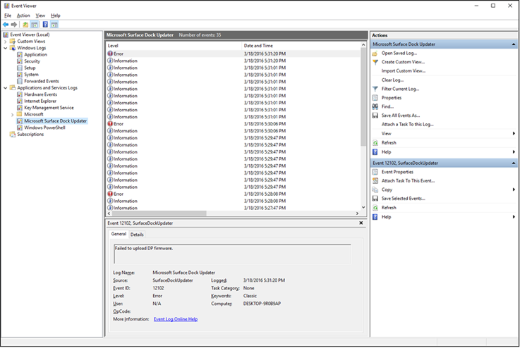 Surface Dock Updater events in Event Viewer