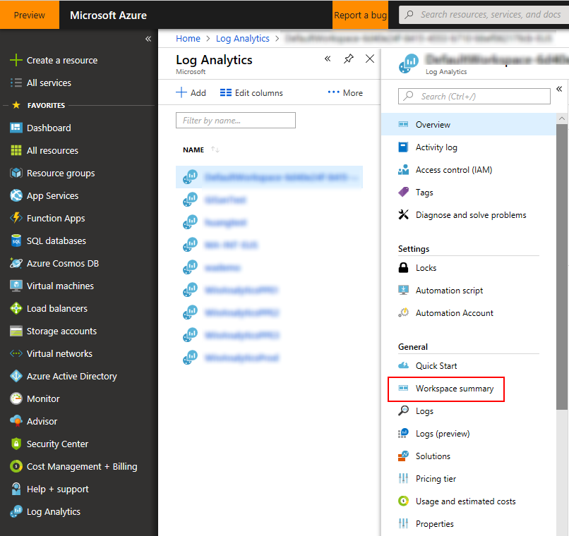 Log Analytics workspace page showing workspace summary