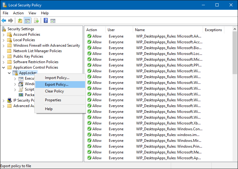 Local security snap-in, showing the Export Policies option