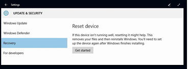 Image showing Reset device option in Settings app for Surface Hub.