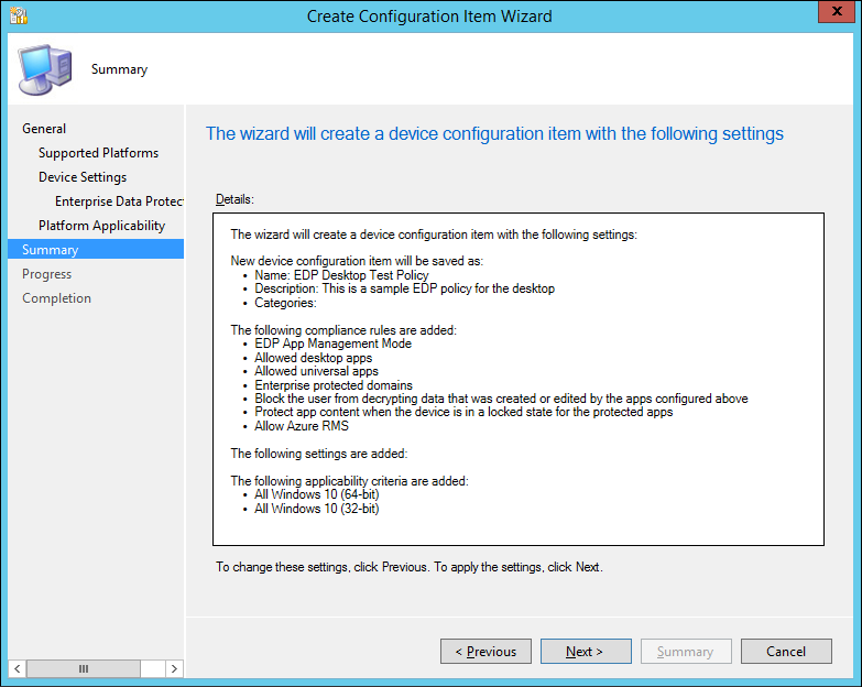 create configuration item wizard, reviewing the summary screen before creating the policy