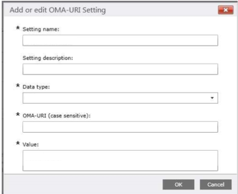 Screenshot of a blank OMA-URI setting dialog box