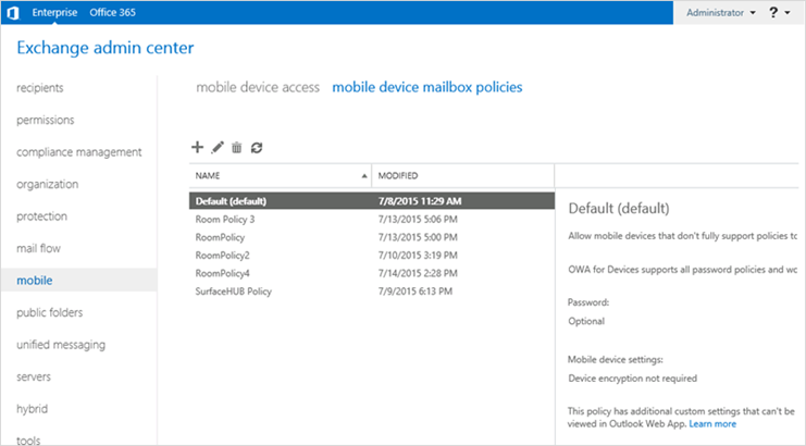 Image showing using Exchange admin center to create a mobile device mailbox policy.