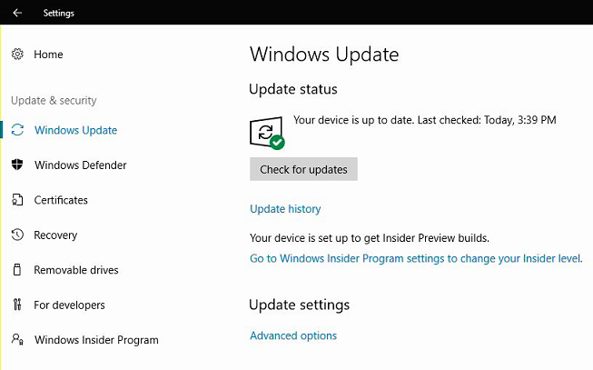 Image that shows Update & Security group in Settings app for Surface Hub.