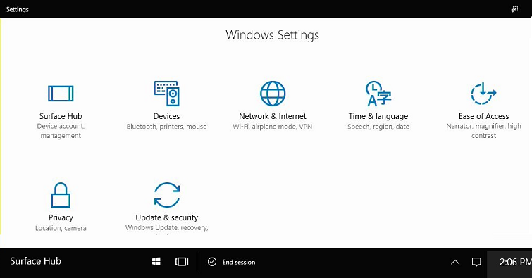 Image that shows Settings app for Surface Hub.