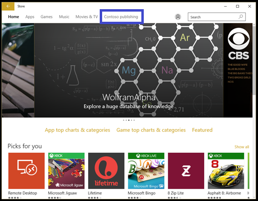 Image showing Windows Store app with private store tab highlighted.