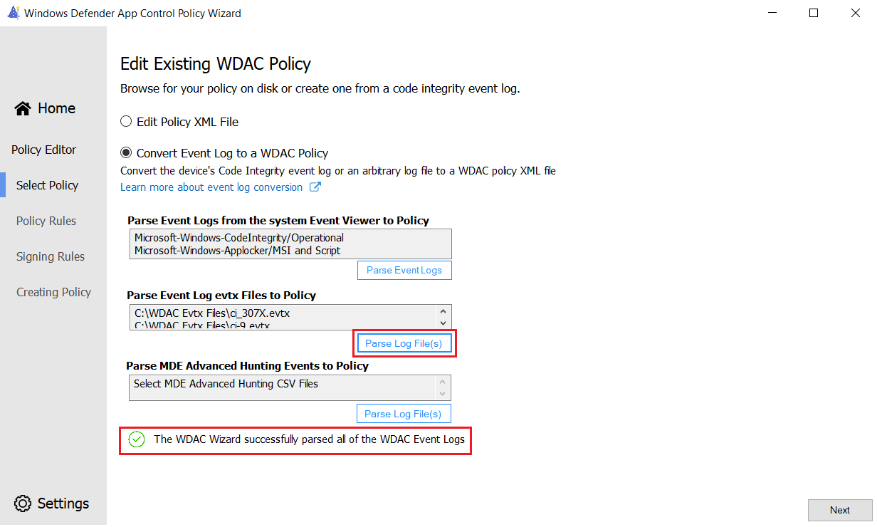 Parse evtx file WDAC events