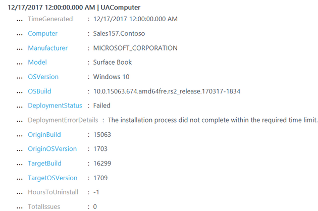 "Update progress" blade showing detailed information after selecting the "failed" item