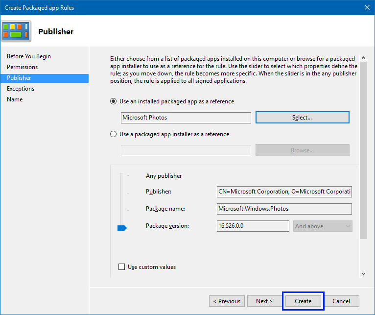 Create Packaged app Rules wizard, showing the Microsoft Photos on the Publisher page