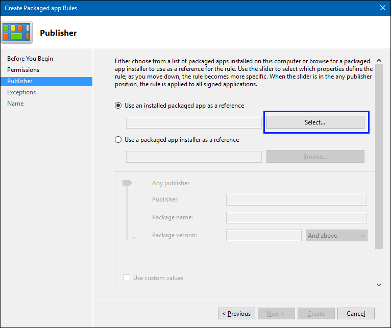 Create Packaged app Rules wizard, showing the Publisher