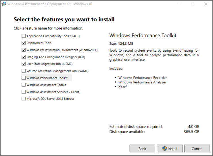 Image showing Windows ADK install page - select features to install.