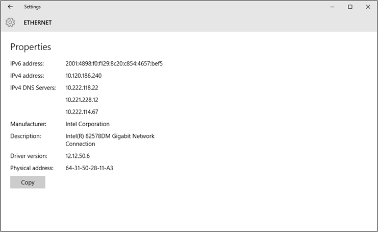 Image showing properties for ethernet connection.