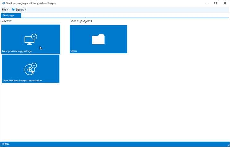 Image showing Start page in Windows Imaging and Configuration Designer.