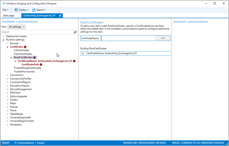 Image showing available customizations in Windows Imaging and Configuration Designer.