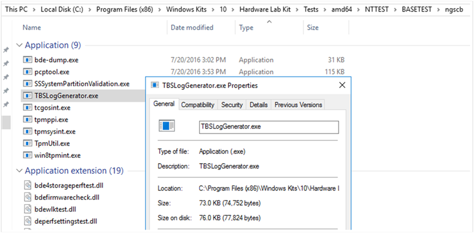 Properties and location of the TBSLogGenerator.exe file.