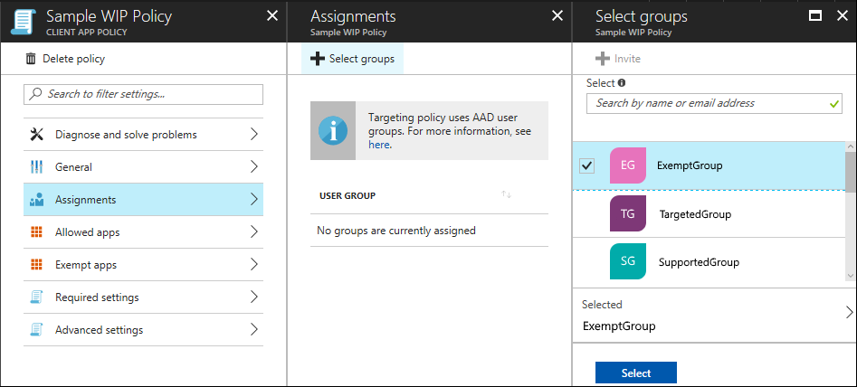 Microsoft Intune: Pick your user groups that should get the policy when it's deployed