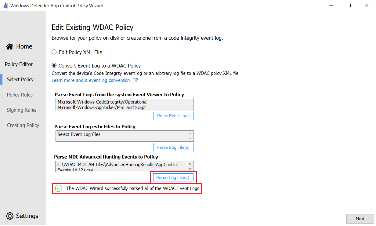 Parse the Advanced Hunting CSV WDAC event files