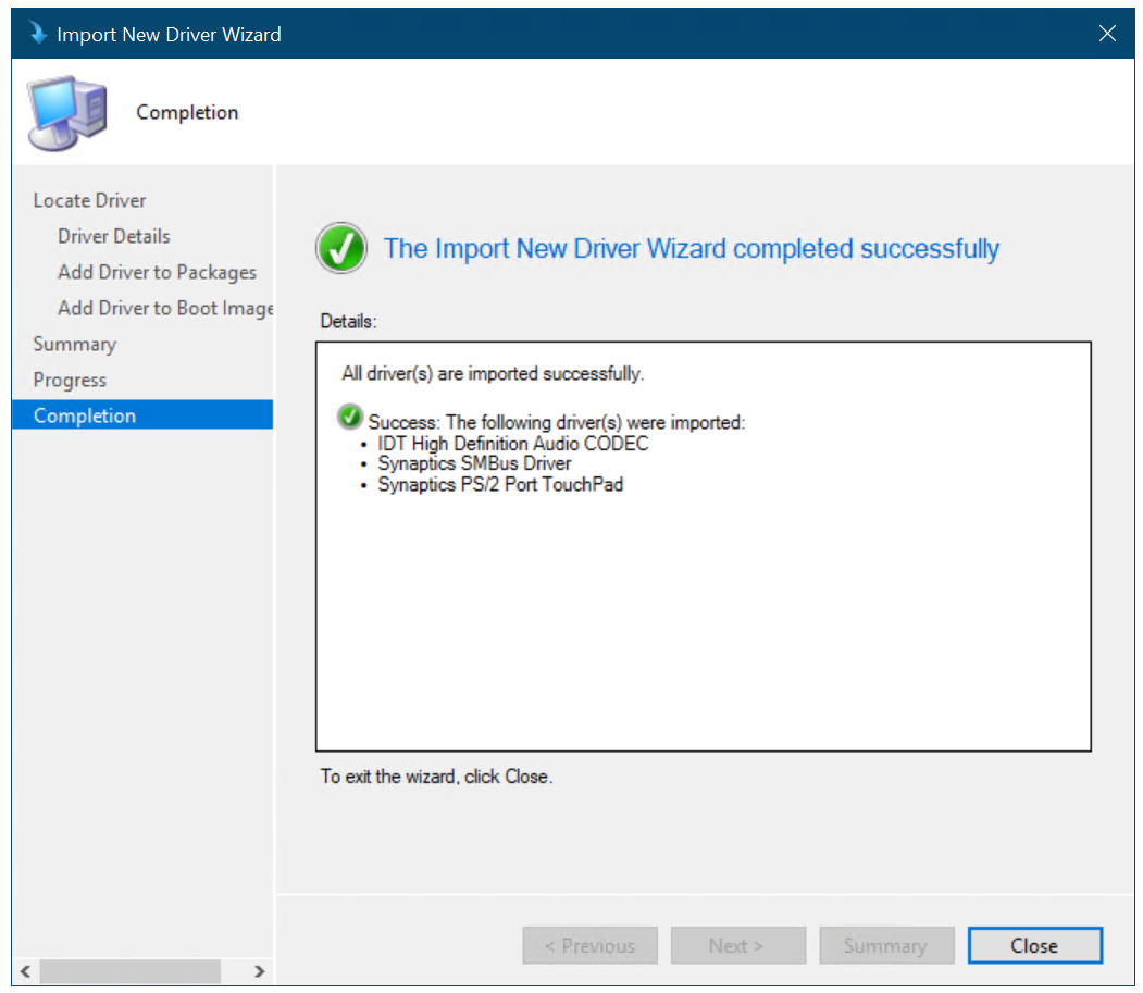 Drivers imported and a new driver package created