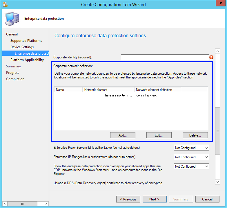 Create Configuration Item wizard, specify the network locations that can be accessed by the protected apps