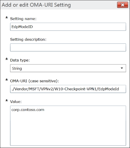 Microsoft Intune: Fill in the OMA-URI Settings for the EdpModeID setting