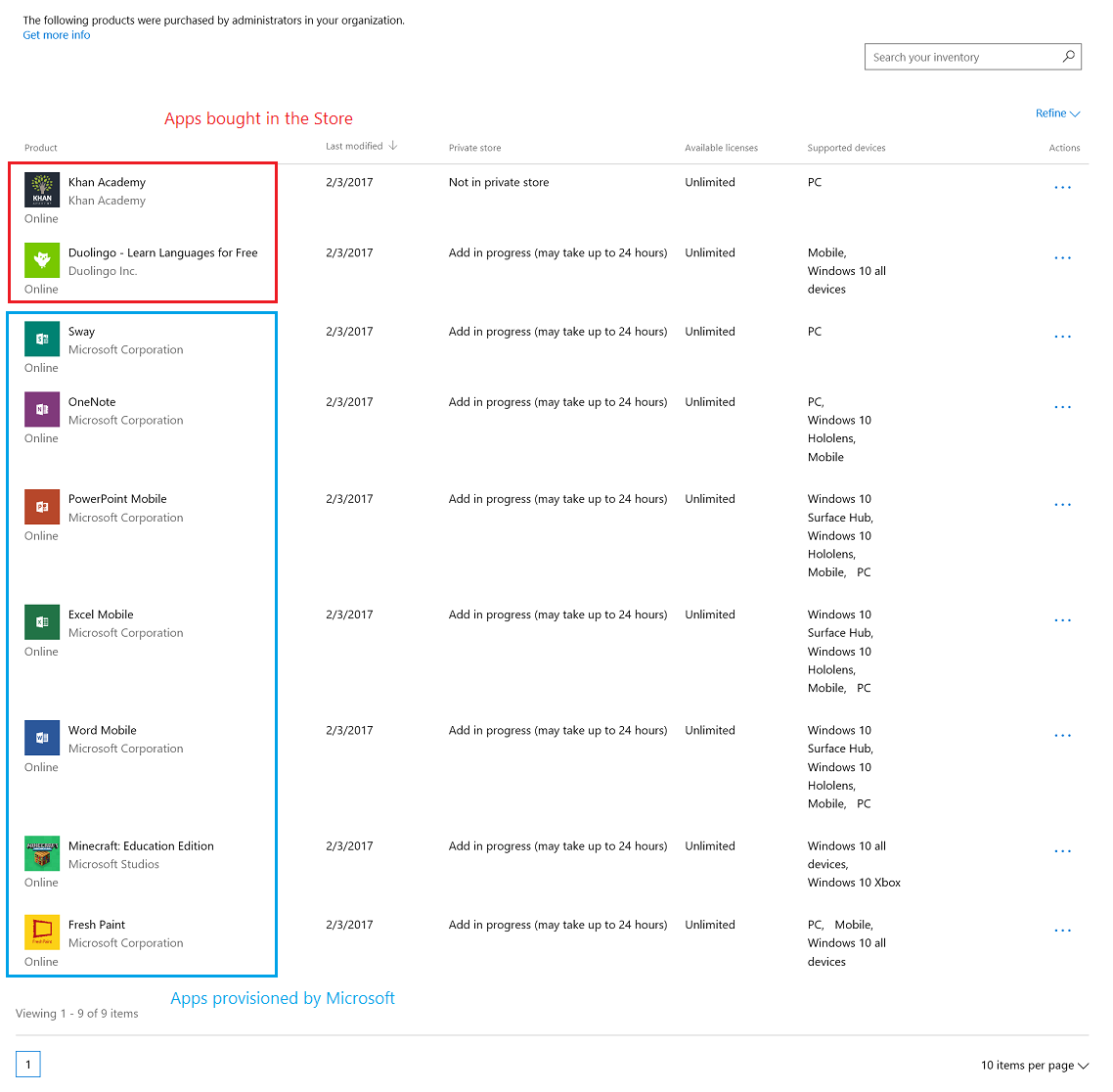Apps inventory in Store for Business