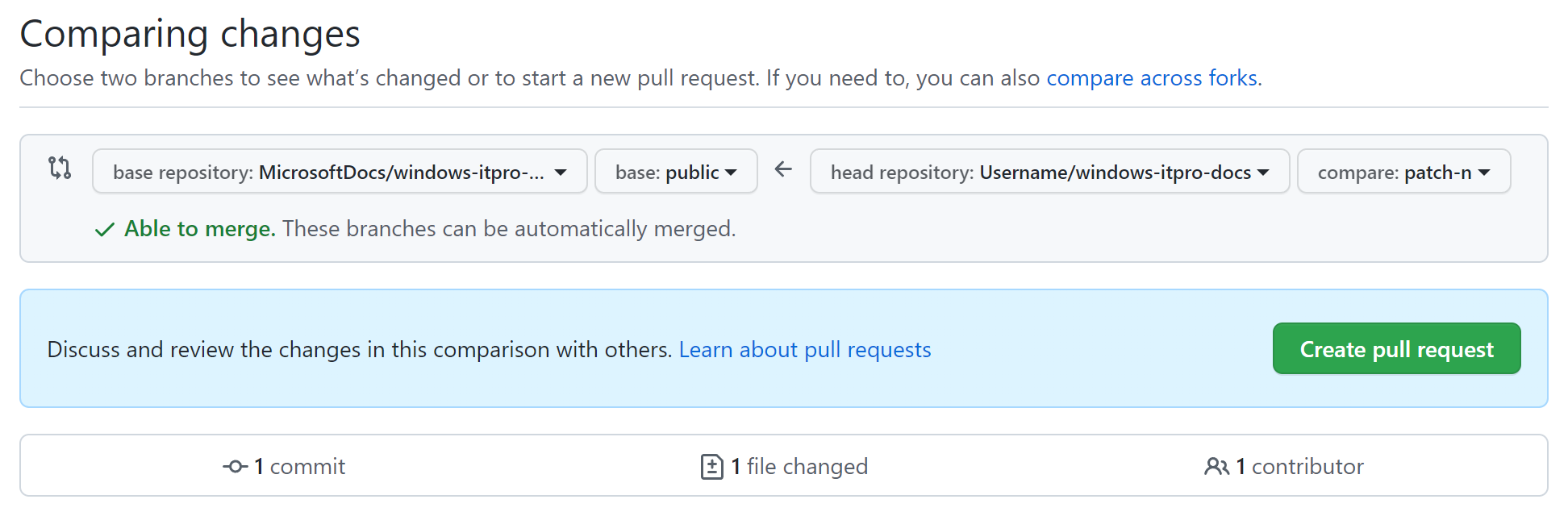 GitHub Web, showing the Comparing changes screen.