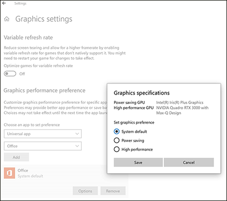 Select power saving or high performance GPU options