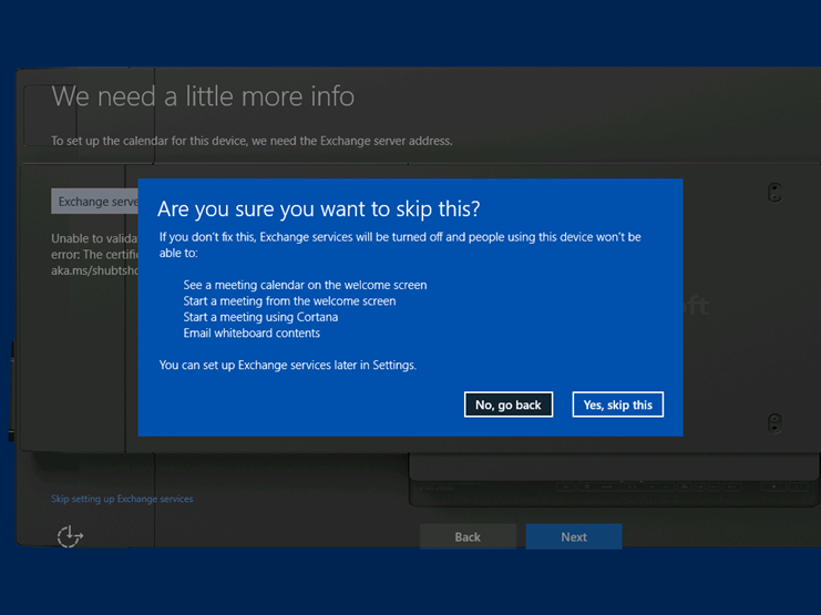 Image showing confirmation message that is displayed when you skip setting up Exchange services.